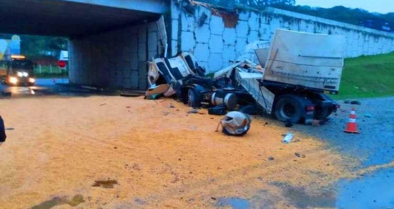 Carreta cai de viaduto de Penha e bloqueia trânsito